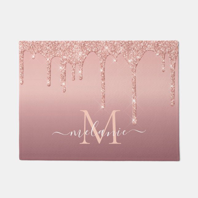 Monogram Name Text Rose Gold Blush Glitter Doormat (Front)