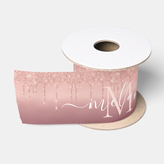 Monogram Name Text Rose Gold Blush Glitter Ribbon Satin Ribbon (Spool)