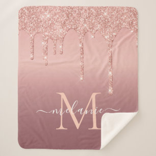 Monogram Name Text Rose Gold Blush Glitter Sherpa Blanket