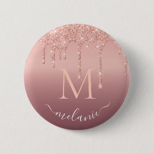 Monogram Name Text Rose Gold Blush Glitter Sparkle 2 Inch Round Button