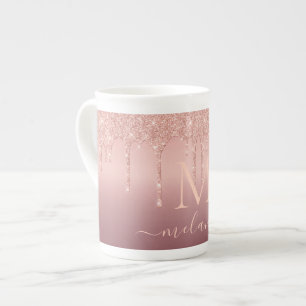 Monogram Name Text Rose Gold Blush Glitter Sparkle Bone China Mug