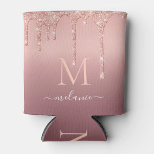 Monogram Name Text Rose Gold Blush Glitter Sparkle Can Cooler
