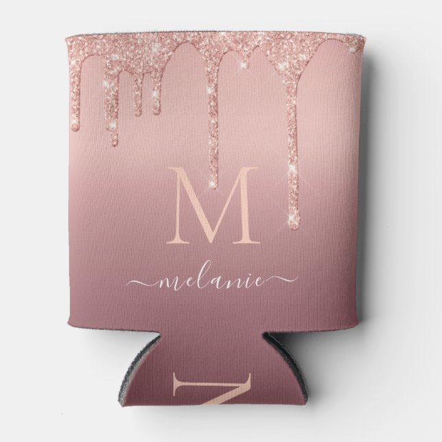Monogram Name Text Rose Gold Blush Glitter Sparkle Can Cooler (Front)