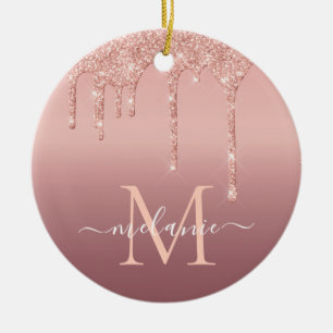 Monogram Name Text Rose Gold Blush Glitter Sparkle Ceramic Ornament