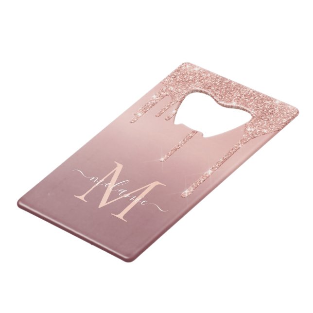 Monogram Name Text Rose Gold Blush Glitter Sparkle Credit Card Bottle Opener (Back Angled)