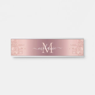 Monogram Name Text Rose Gold Blush Glitter Sparkle Door Sign