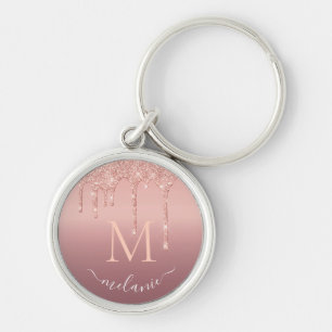 Monogram Name Text Rose Gold Blush Glitter Sparkle Keychain