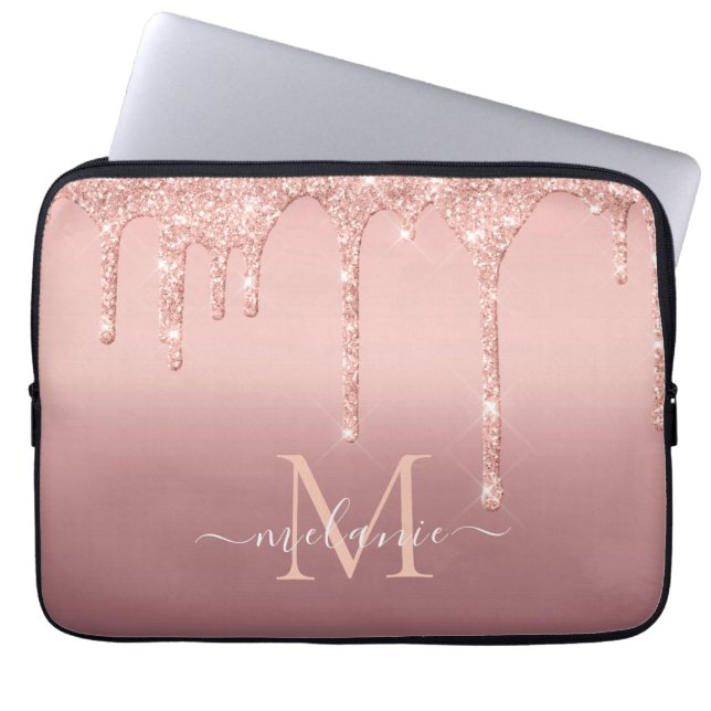 Monogram Name Text Rose Gold Blush Glitter Sparkle Laptop Sleeve (Front)