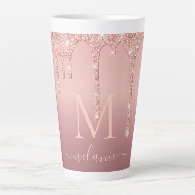 Monogram Name Text Rose Gold Blush Glitter Sparkle Latte Mug (Front)