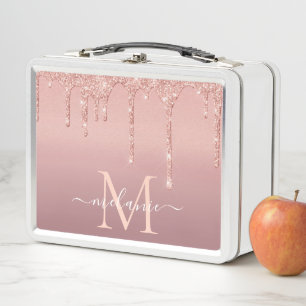 Monogram Name Text Rose Gold Blush Glitter Sparkle Metal Lunch Box