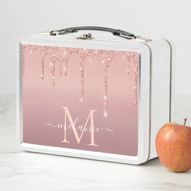Monogram Name Text Rose Gold Blush Glitter Sparkle Metal Lunch Box (In Situ)
