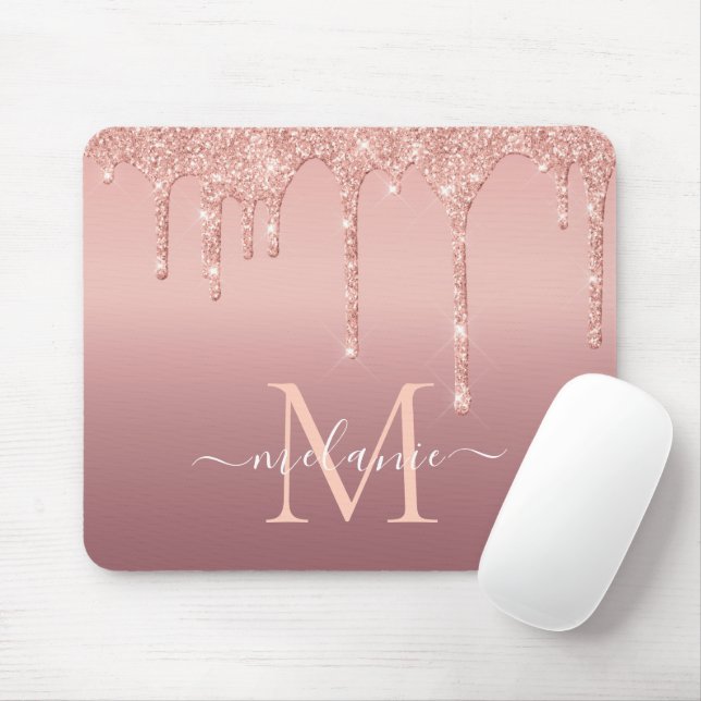 Monogram Name Text Rose Gold Blush Glitter Sparkle Mouse Pad (With Mouse)