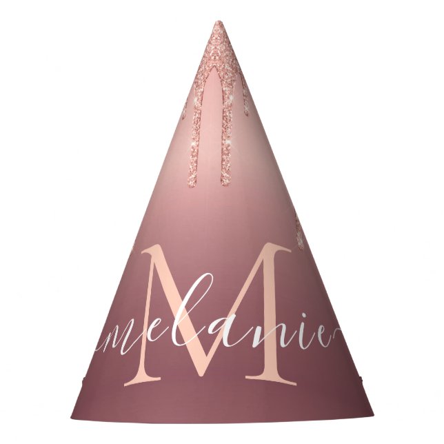 Monogram Name Text Rose Gold Blush Glitter Sparkle Party Hat (Front)
