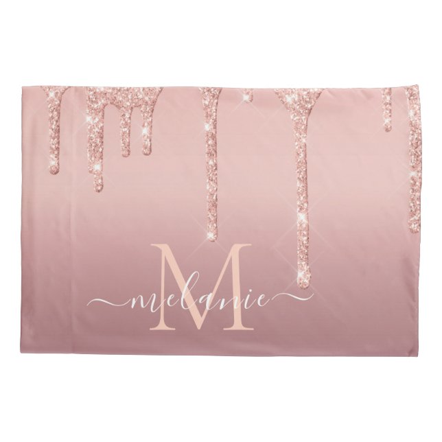 Monogram Name Text Rose Gold Blush Glitter Sparkle Pillowcase (Back)