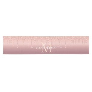 Monogram Name Text Rose Gold Blush Glitter Sparkle Short Table Runner
