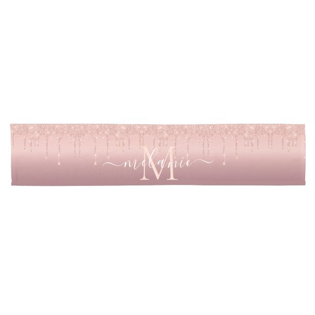 Monogram Name Text Rose Gold Blush Glitter Sparkle Short Table Runner (Horizontal)