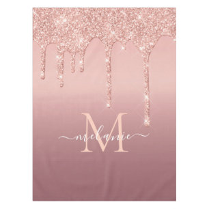 Monogram Name Text Rose Gold Blush Glitter Sparkle Tablecloth