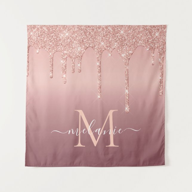 Monogram Name Text Rose Gold Blush Glitter Sparkle Tapestry (Front)