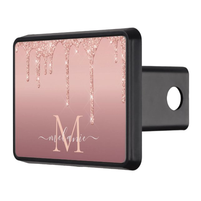 Monogram Name Text Rose Gold Blush Glitter Sparkle Trailer Hitch Cover (Left)