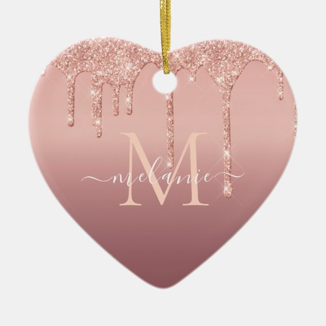 Monogram Name Text Rose Gold Blush Sparkle Ceramic Ornament (Front)