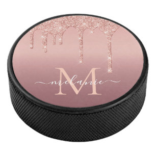 Monogram Name Text Rose Gold Glitter Hockey Puck