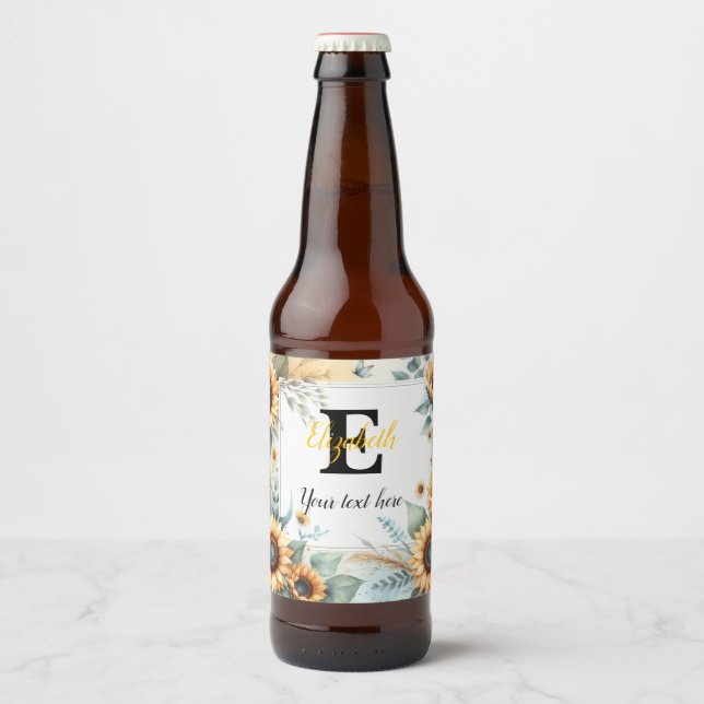 Monogram name text sunflowers watercolor modern beer bottle label (Front)