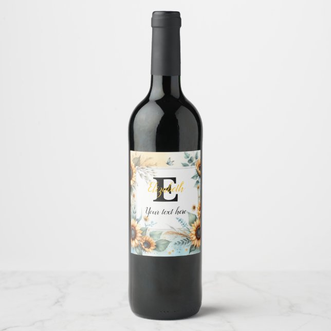 Monogram name text sunflowers watercolor modern wine label (Front)