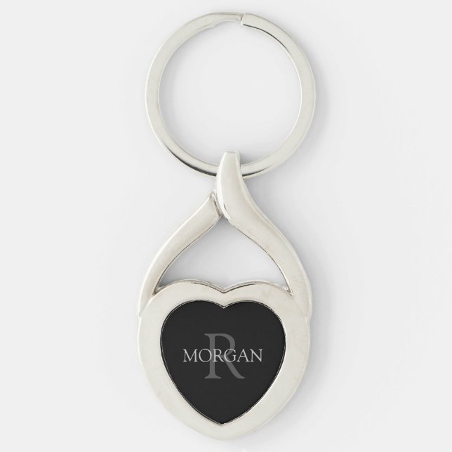 Monogram & Name, Trendy Black with Grey Text Keychain (Front)