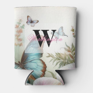 Monogram name Tropical flowers leaves watercolor Can Cooler