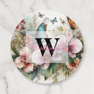 Monogram name Tropical flowers leaves watercolor Favour Tags
