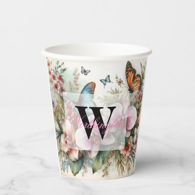 Monogram name Tropical flowers leaves watercolor  Paper Cups (Front)