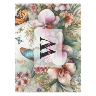 Monogram name Tropical flowers leaves watercolor  Tablecloth