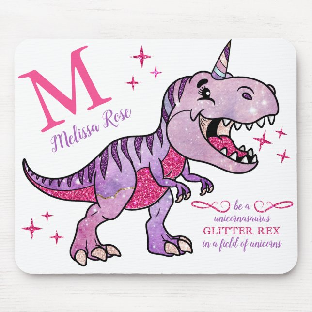 Monogram Name Unicornasaurus Pink Glitter Rex Mouse Pad (Front)