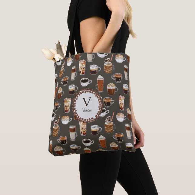 Monogram Name Venti Coffee Lover Brown Tote Bag (Close Up)