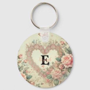 Monogram name vintage hearts floral watercolor keychain