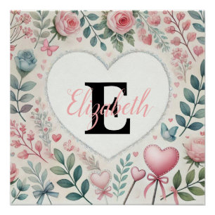 Monogram name Vintage hearts floral watercolor  Poster
