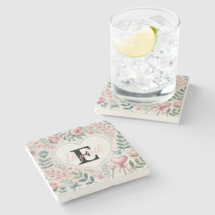 Monogram name Vintage hearts floral watercolor Stone Coaster
