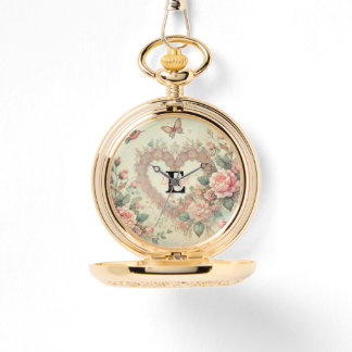 Monogram name vintage hearts floral watercolor  watch