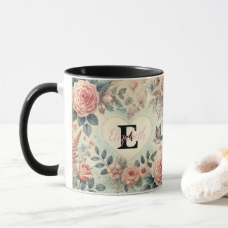 Monogram name vintage romantic hearts pink floral mug
