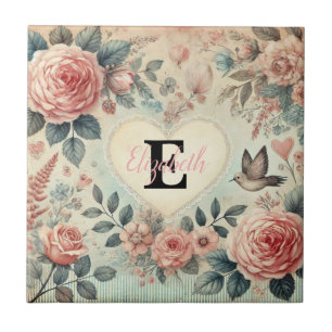 Monogram name vintage romantic hearts pink floral tile