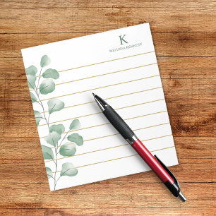 Monogram Name Watercolor Eucalyptus Gold Lined Notepad