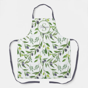 Monogram Name Watercolor Olive Pattern Apron