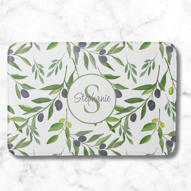 Monogram Name Watercolor Olive Pattern Bath Mat (Creator Uploaded)