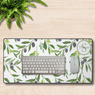 Monogram Name Watercolor Olive Pattern Desk Mat