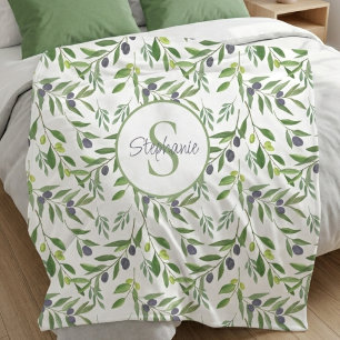 Monogram Name Watercolor Olive Pattern  Fleece Blanket