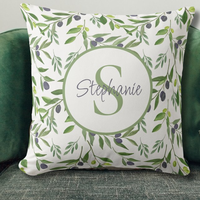 Monogram Name Watercolor Olive Pattern Throw Pillow (Creator Uploaded)