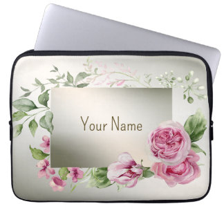 Monogram Name Watercolor Pink Floral Frame Bronze Laptop Sleeve