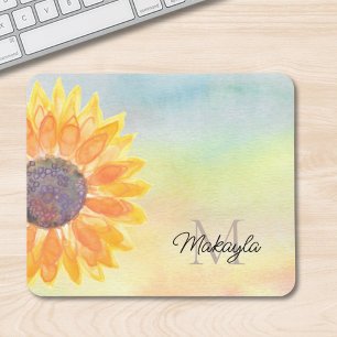 Monogram Name Watercolor Sunflower Mouse Pad