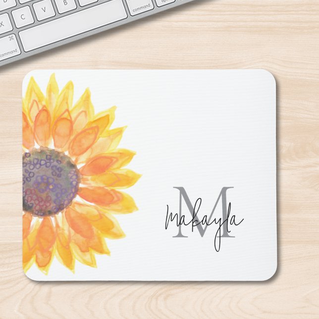 Monogram Name Watercolor Sunflower Mouse Pad (Creator Uploaded)