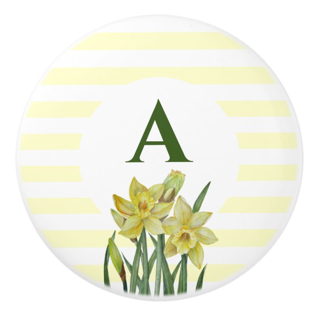 Monogram Name Watercolor Yellow Daffodils Stripes Ceramic Knob (Front)